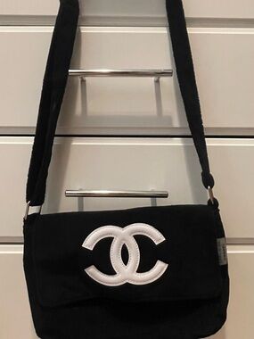 CHANEL Black Shoulder Bag with White CC Emblem